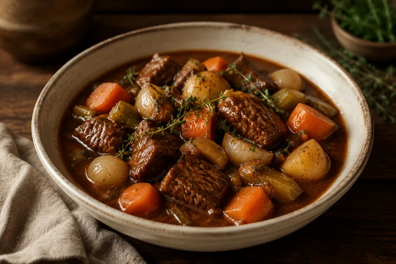 Tender red wine beef stew with potatoes, carrots, mushrooms and pearl onions in velvety brown gravy