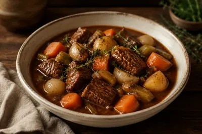 Tender red wine beef stew with potatoes, carrots, mushrooms and pearl onions in velvety brown gravy