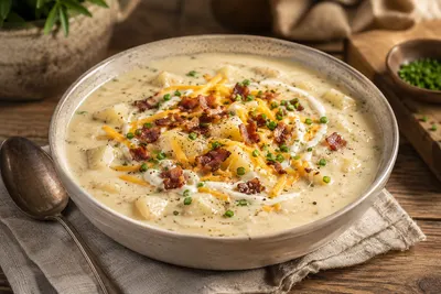 Creamy loaded baked potato soup topped with crisp bacon, cheddar cheese, chives and crispy potato skins