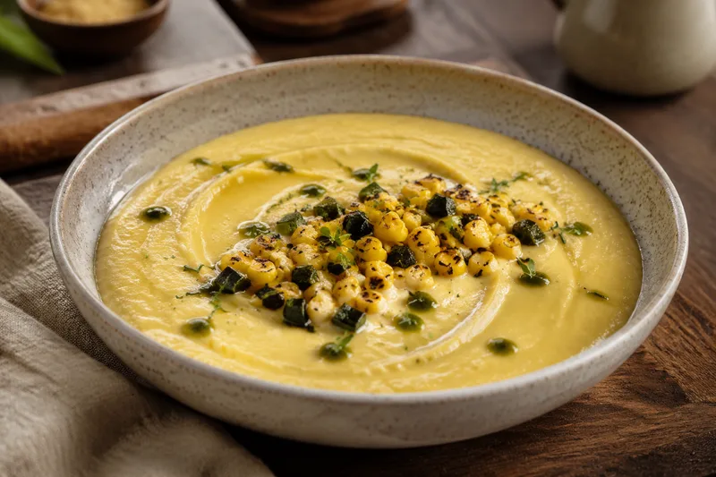 Silky golden charred corn and poblano purée served as a sauce beneath sliced ribeye
