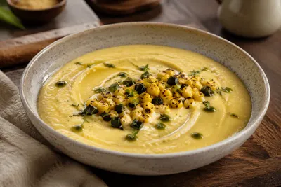 Silky golden charred corn and poblano purée served as a sauce beneath sliced ribeye