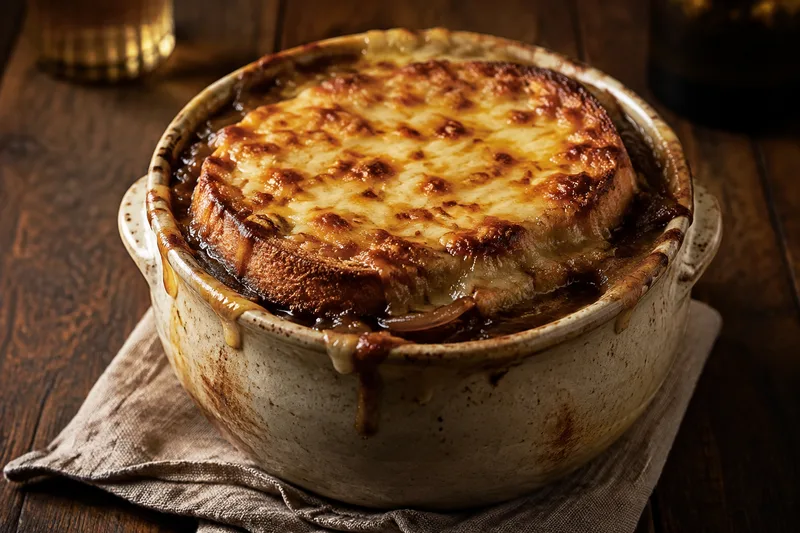 Classic French onion soup with deeply caramelized onions, toasted baguette and bubbling browned Gruyère cheese