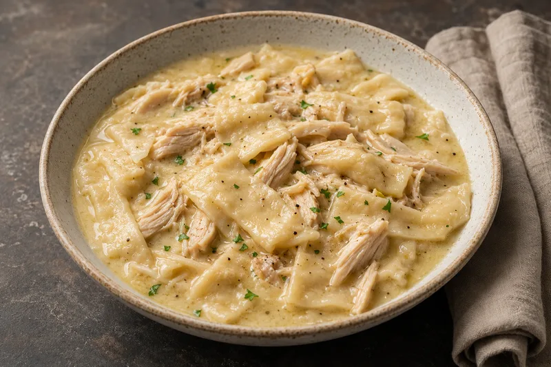 Southern chicken and flat rolled dumplings in rich velvety homemade chicken broth