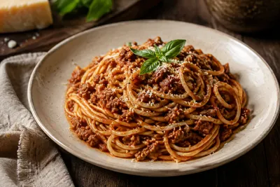 Chunky spaghetti sauce with ground beef, Italian sausage, mushrooms and petite-diced tomatoes served over pasta